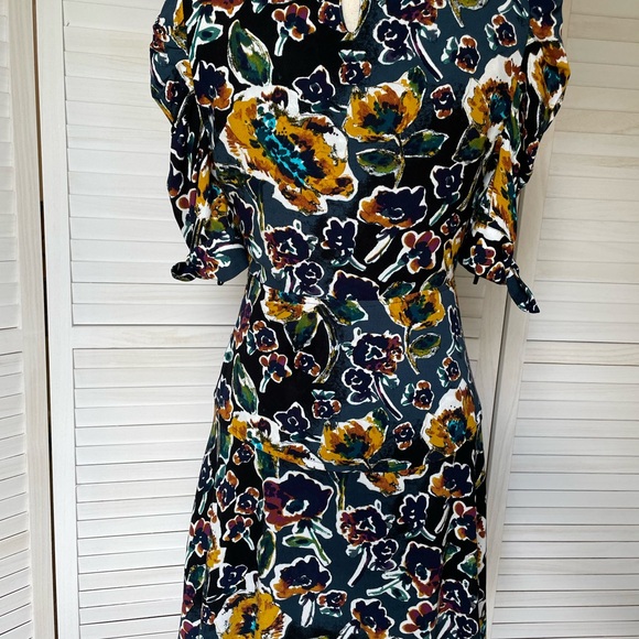 Free People Floral Dress Babydoll Flowy Rayon Sz 2 Short Sleeve Black Blue Green - Picture 4 of 7